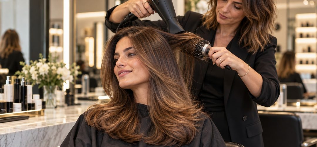 Parrucchiera realizza una piega professionale su capelli castani lunghi con phon e spazzola, salone contemporaneo