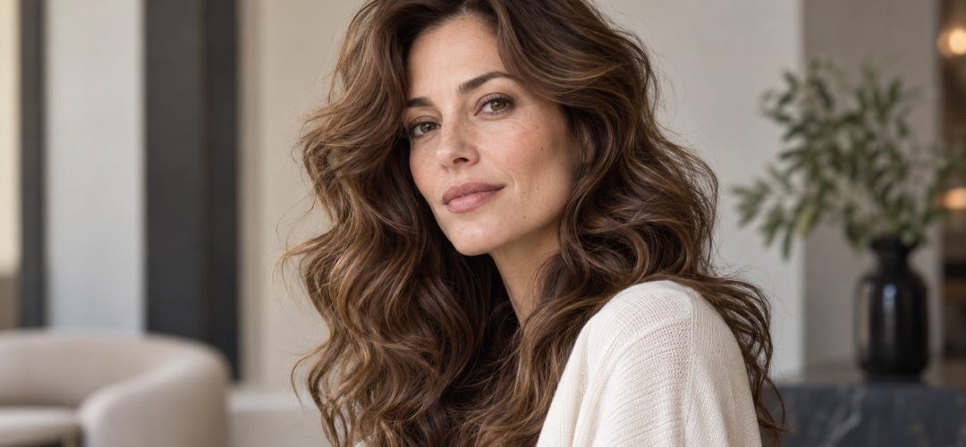 Modella castana con onde larghe, movimento naturale e volume su lunghezze medio-lunghe