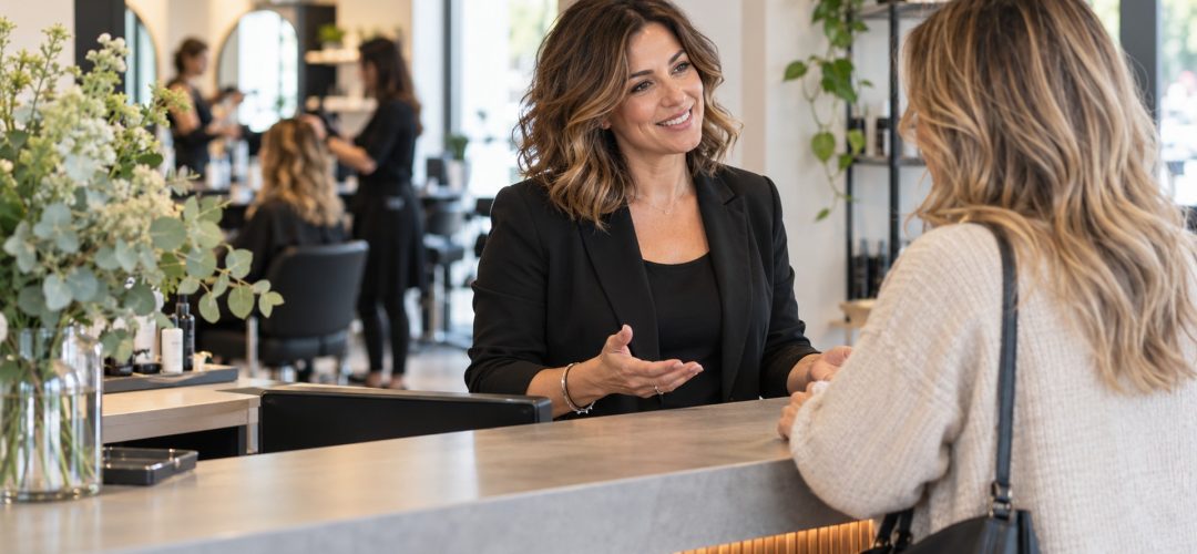 Titolare di salone parla con una cliente alla reception mentre spiega una variazione di prezzo. Immagine generata da AI.