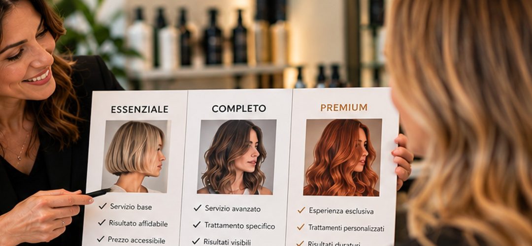 Parrucchiera presenta alla cliente tre opzioni di servizio: essenziale, completo e premium. Immagine generata da AI.