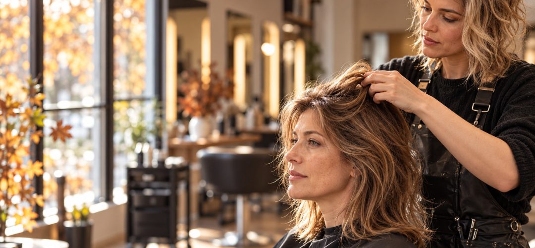 Parrucchiera osserva i capelli sottili di una cliente in salone in autunno