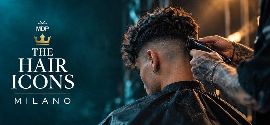 Logo THE HAIR ICONS Milano con sfumatura barber eseguita sul palco