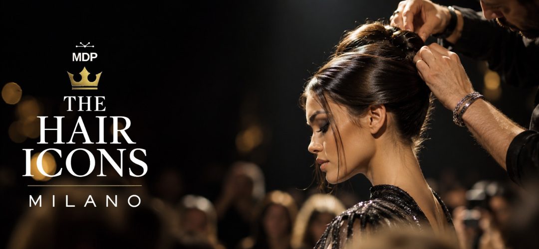 Logo THE HAIR ICONS Milano con hairstylist al lavoro sotto le luci dello show