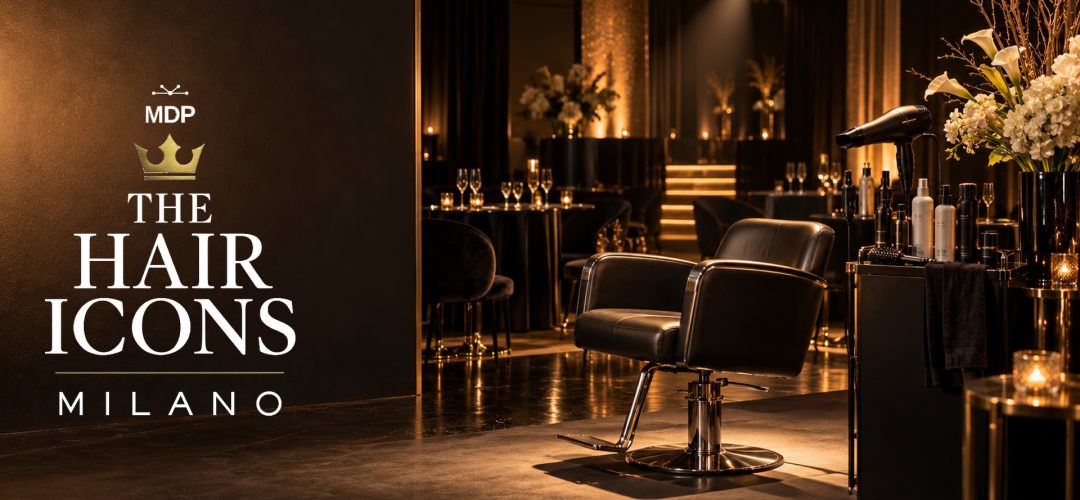 Logo THE HAIR ICONS Milano su allestimento elegante prima dell'evento