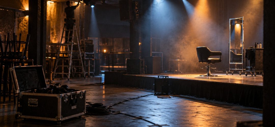 Palco con luci accese e postazione styling durante l'allestimento di THE HAIR ICONS Milano