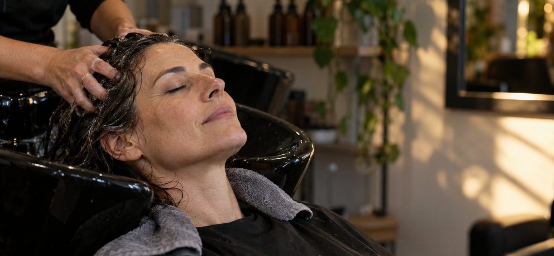 Cliente con gli occhi chiusi al lavatesta durante il massaggio della cute di un head spa in salone