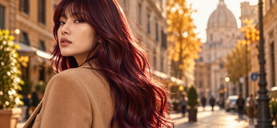 Capelli rosso vino Mulled Wine con onde morbide e lucide in autunno