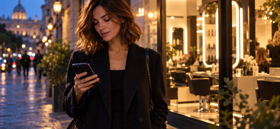 Una donna cerca un parrucchiere vicino a lei con lo smartphone davanti alla vetrina illuminata di un salone