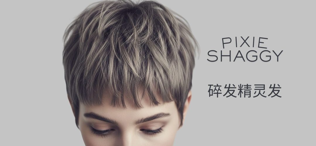 Professional Pixie Shaggy haircut on a woman with ash-blonde hair, featuring layered texture and choppy edges, including English and Chinese typography.