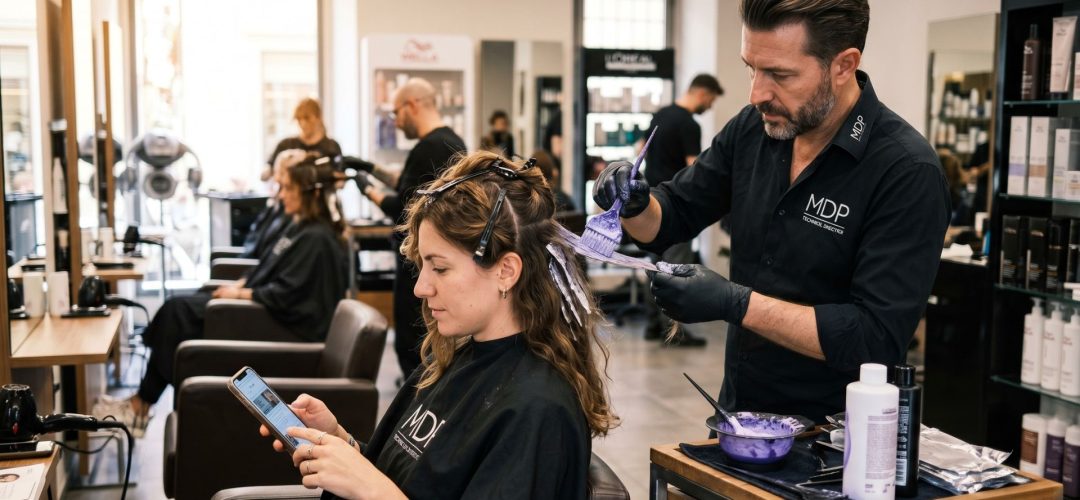 Un parrucchiere uomo con guanti neri e maglia nera MDP applica tinta viola a sezioni di capelli di una cliente seduta, che sta guardando il suo smartphone. L'azione avviene in un salone moderno con postazioni di lavoro, specchi e scaffali di prodotti di marca visibili.
