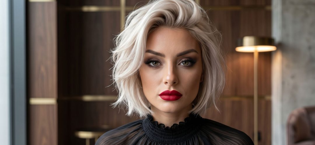 Un ritratto ravvicinato di una donna con un taglio bob corto e mosso biondo icy champagne. Ha occhi verdi, un drammatico trucco smoky eye, labbra rosse intense opache e indossa una blusa nera a collo alto arricciata. L'ambiente è un salone lussuoso con pareti in legno scuro, accenti dorati e una lampada moderna.