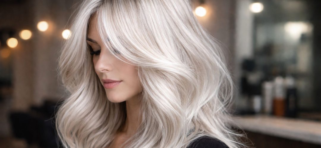 Donna con capelli icy champagne, biondo freddo con riflessi perlage, styling lungo e scalato con volume morbido e ciocche frontali avvolgenti su sfondo neutro.