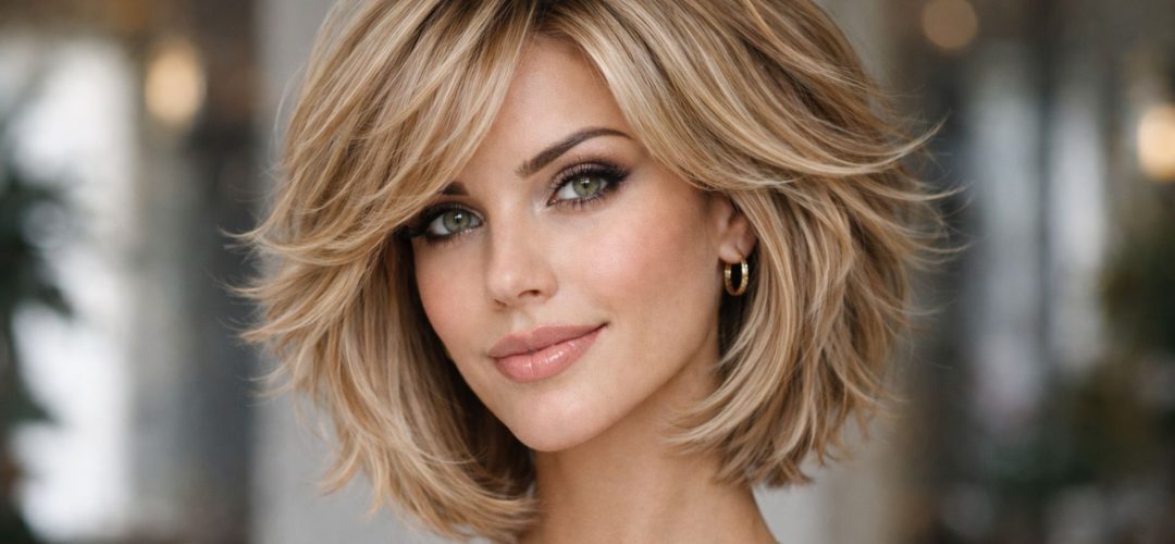 Ritratto ravvicinato di una donna con un taglio di capelli "feathered bob" biondo, voluminoso e sfilato, con frangia laterale e punte rivolte verso l'esterno. Ha occhi verdi e indossa un orecchino a cerchio d'oro e una sottile collana d'oro, su uno sfondo di interni sfocato.