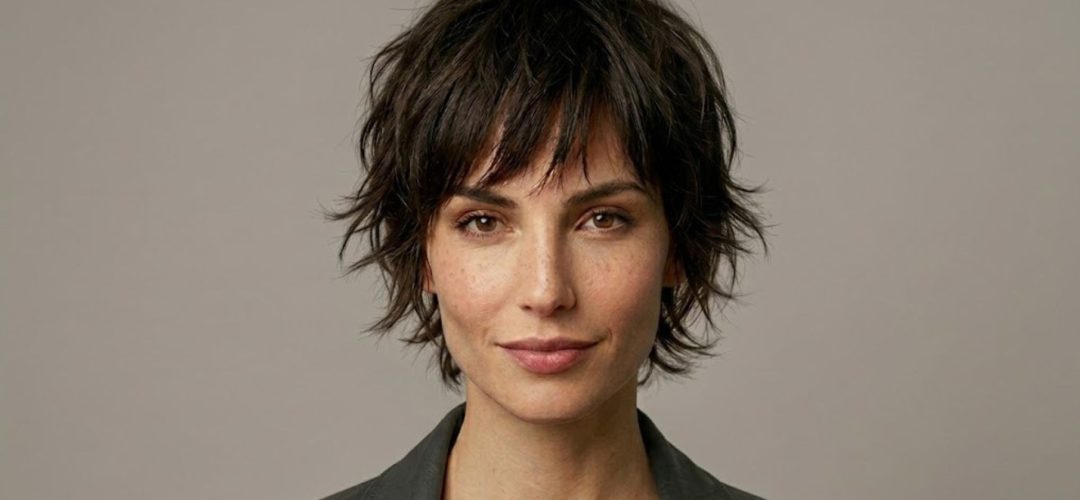 Modella con taglio Pixie Shaggy castano scuro, stile materico e scalato, tendenza capelli 2026.