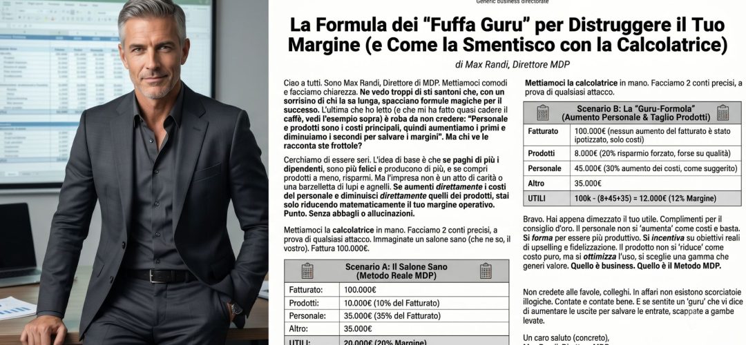 Infografica di Max Randi Direttore MDP che confronta il bilancio economico di un salone sano rispetto al modello errato dei fuffa guru con tabelle su fatturato, costi del personale e dei prodotti.