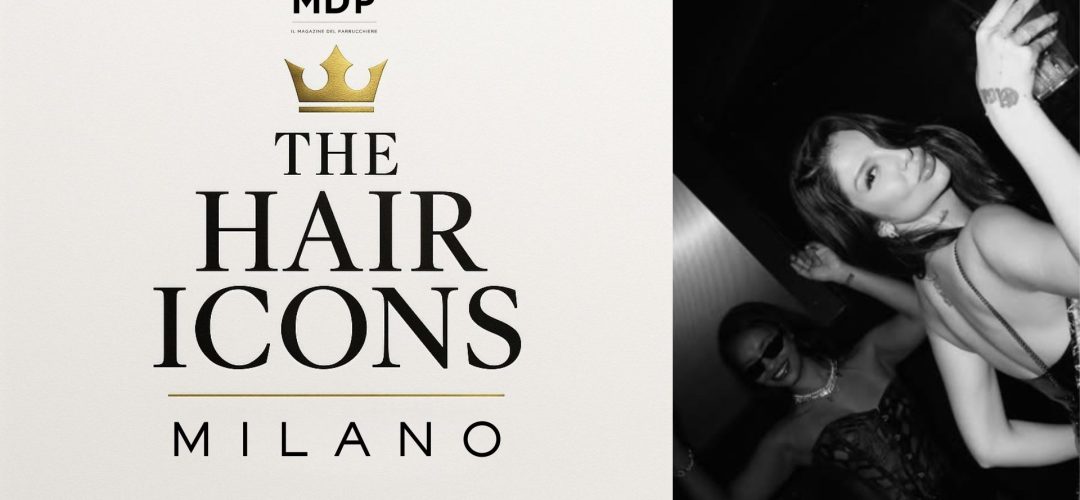 Logo THE HAIR ICONS MILANO con corona dorata MDP e persone che ballano in discoteca in bianco e nero per l'evento all'Hollywood.
