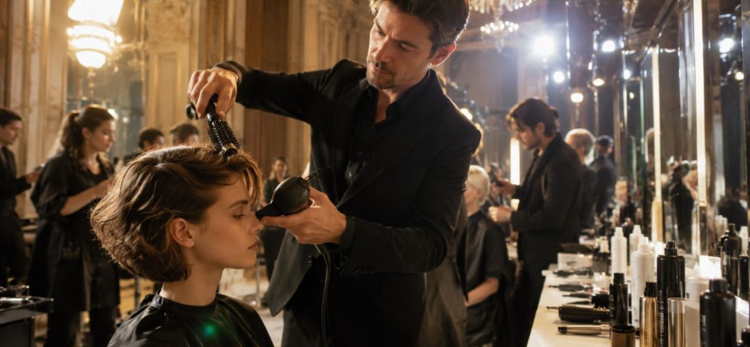 Hairstylist in completo nero acconcia i capelli di una modella durante un backstage in una sala storica con lampadario di cristallo