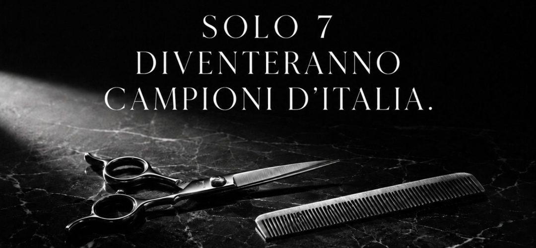 Copertina in bianco e nero con forbici e pettine da parrucchiere e scritta "Solo 7 diventeranno Campioni d'Italia", teaser del Campionato Italiano Hairstylist of the Year MDP, generata con AI.