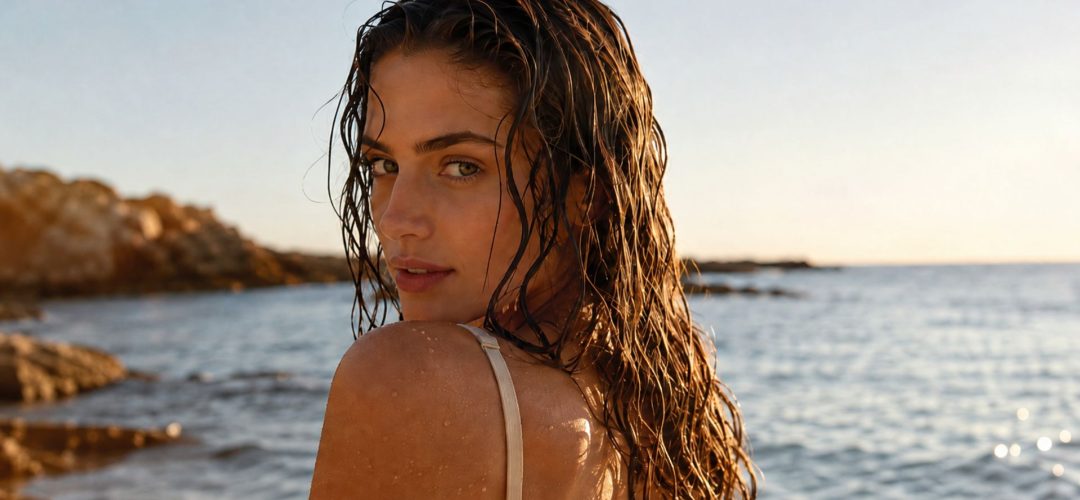 Capelli bagnati stile beach waves su spiaggia al mattino