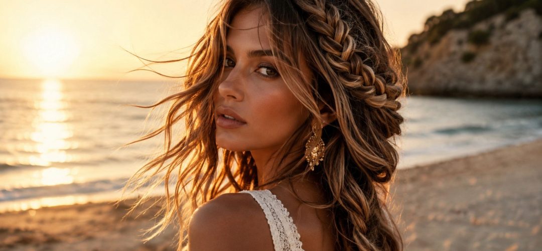 Capelli in vacanza: donna in spiaggia al tramonto con treccia olandese mossa dal vento