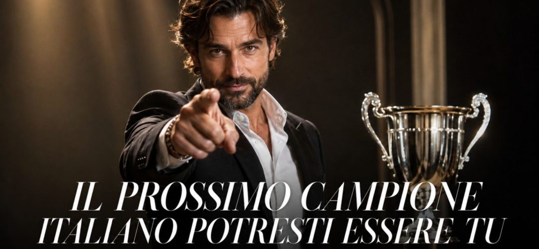 Hairstylist uomo indica la camera accanto a un trofeo con la scritta “Il prossimo campione italiano potresti essere tu”
