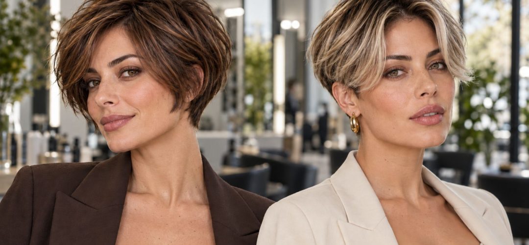Due interpretazioni di taglio corto femminile: bixie e curtain crop con frangia morbida