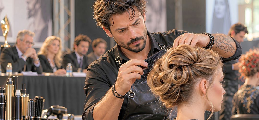 Hairstylist italiano concentrato durante una gara ufficiale di acconciatura, con giuria sullo sfondo.