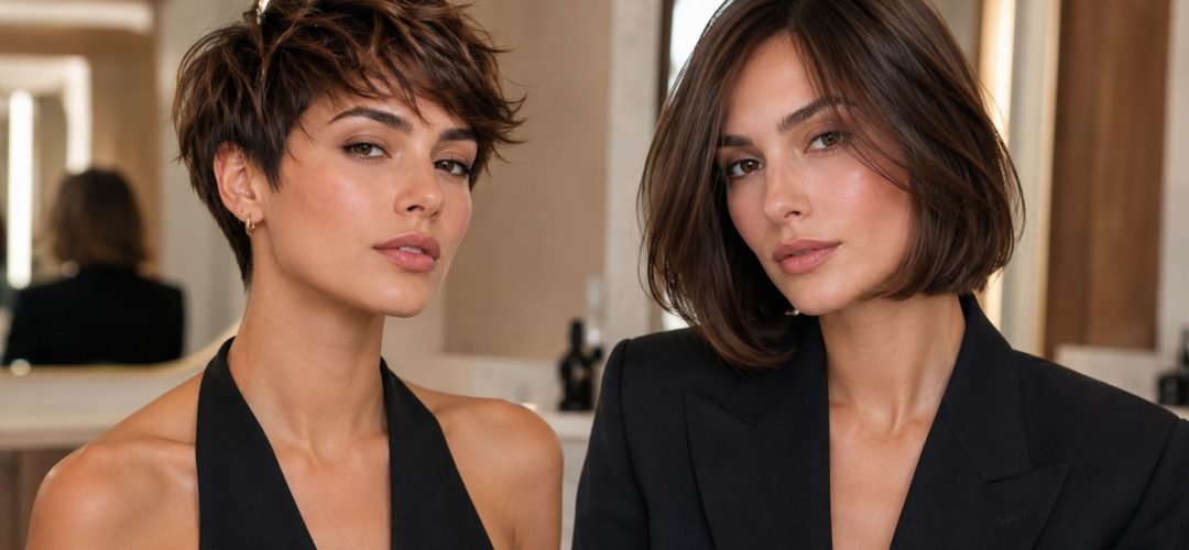 Una fotografia di livello professionale che mostra due donne con stili di capelli corti e scuri, affiancate all'interno di un salone di bellezza moderno e luminoso. La donna a sinistra sfoggia un taglio pixie sbarazzino e testurizzato, mentre la donna a destra ha un bob classico, liscio e arrotondato. Entrambe indossano capi neri eleganti.
