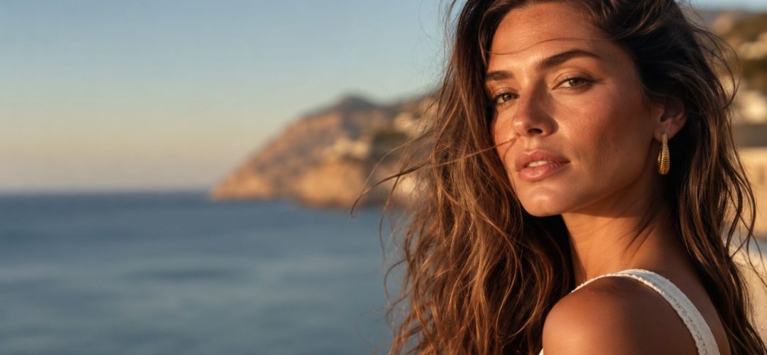 Donna con capelli mossi castani illuminati dalla luce dorata del tramonto, sullo sfondo il mare e una costa rocciosa mediterranea
