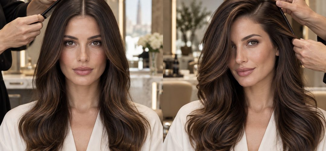 Woman with centre and side part shown side by side in a salon