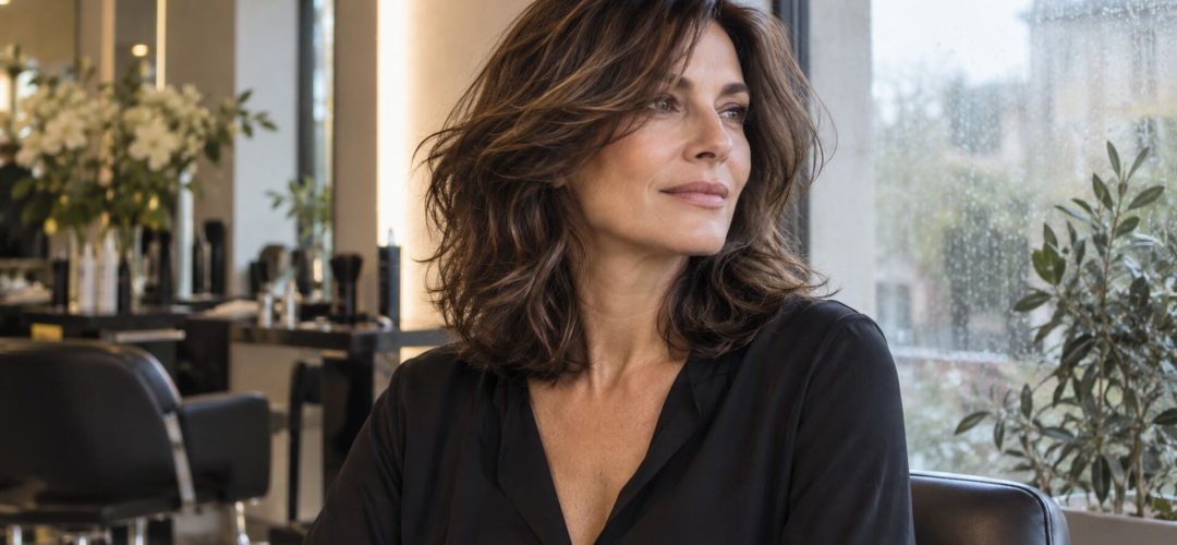 Donna over 40 con capelli medi scalati e volume controllato in una giornata umida