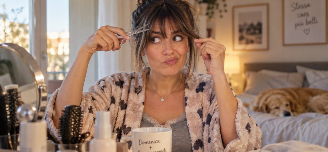 Donna davanti allo specchio con forbici vicino alla frangia la domenica pomeriggio