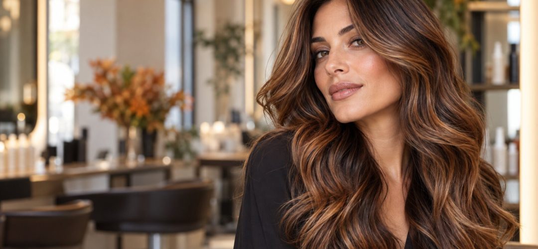 Donna con capelli lunghi castani con riflessi caramello e rame in un salone, colori capelli autunno 2026