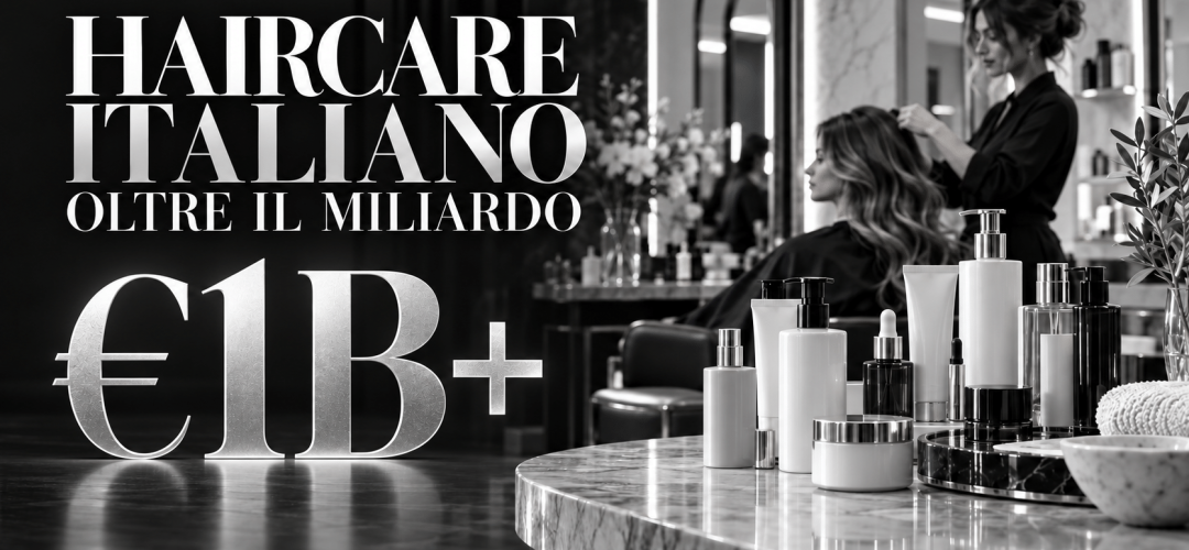 Haircare italiano oltre il miliardo di euro: salone con prodotti professionali e parrucchiera al lavoro
