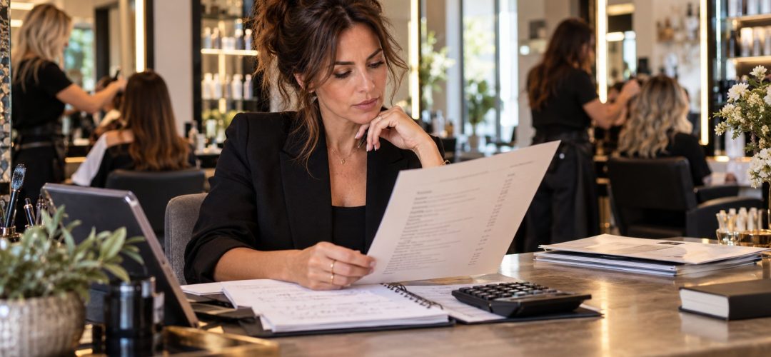 Titolare di salone consulta il listino servizi e i costi dell’attività