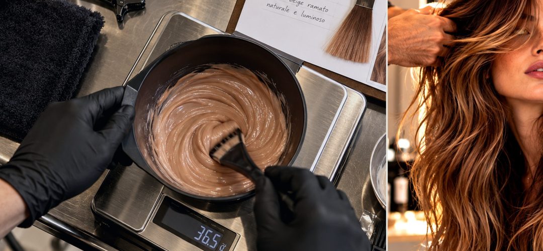 Preparazione professionale della miscela colore con bilancia e dettaglio capelli ramati. Immagine generata da AI.