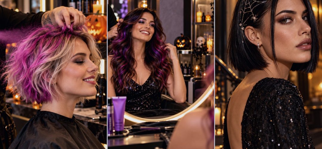 Tre look Halloween: capelli rosa corti, onde viola e bob con accessorio a ragnatela. Immagine generata da AI.
