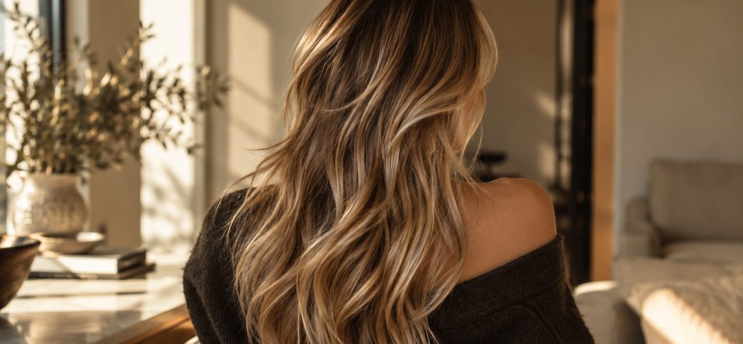 Reverse balayage naturale su capelli lunghi biondi, con profondità castana e riflessi luminosi