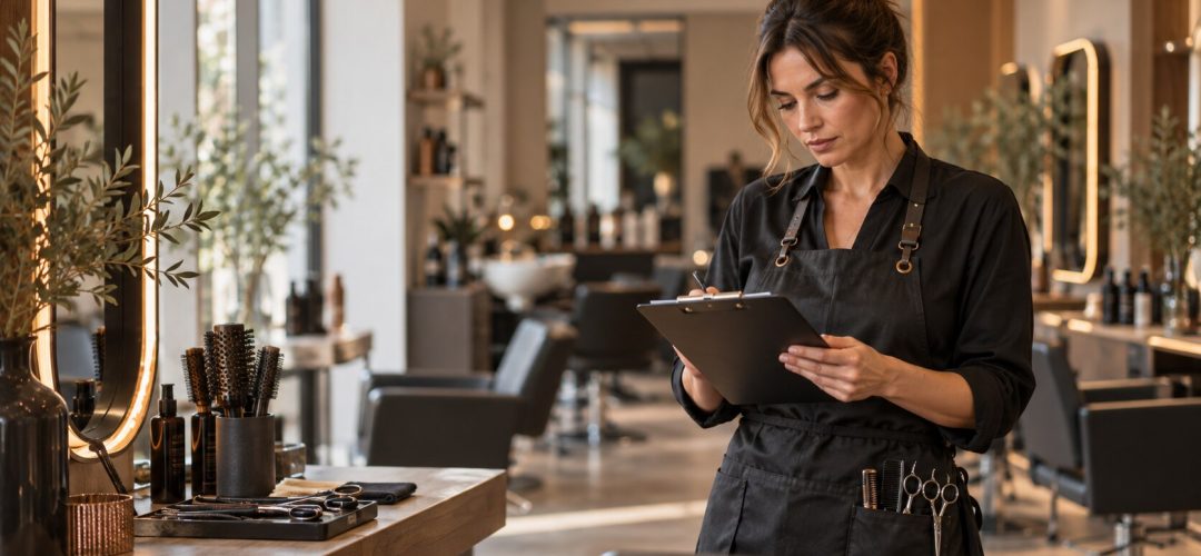 Parrucchiera organizza il lavoro in un salone professionale con strumenti ordinati