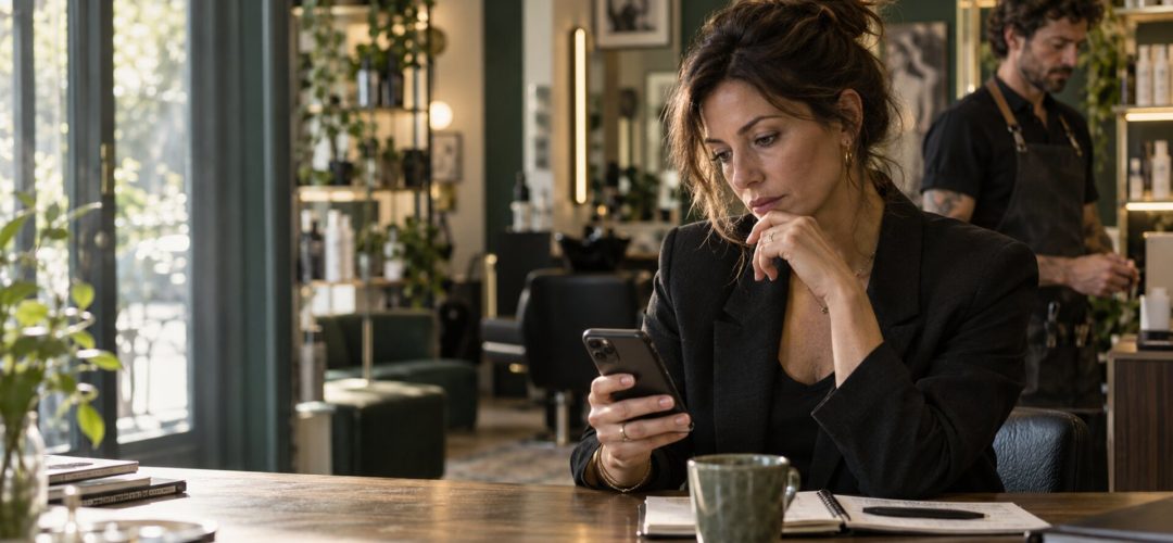 Titolare di salone valuta sullo smartphone un assistente AI per WhatsApp