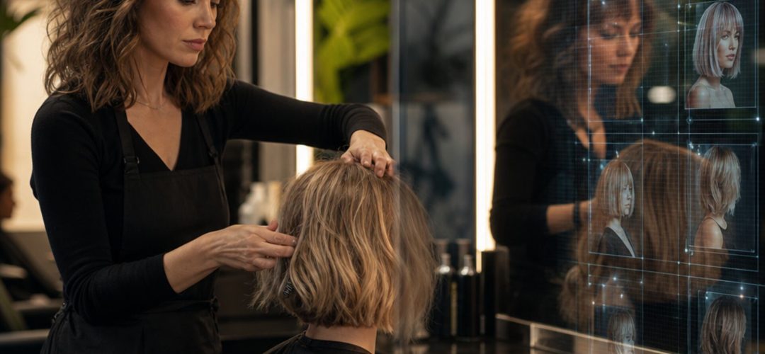 Hairstylist al lavoro davanti a uno specchio con immagini digitali generate dall’intelligenza artificiale.