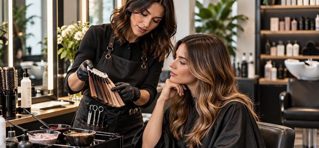 Hairstylist mostra campioni colore a una cliente durante la consulenza in salone