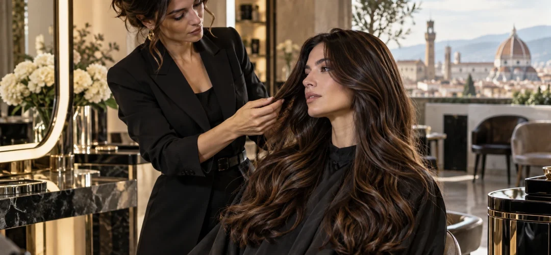 Parrucchiera che valuta i capelli lunghi e lucidi di una cliente in un salone professionale con vista su Firenze