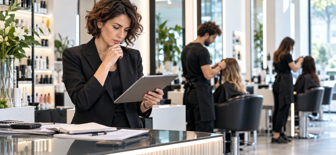 Titolare di salone che analizza risultati e margini in un salone moderno