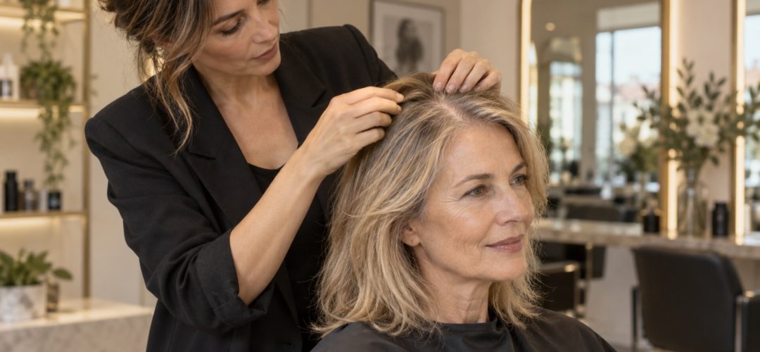 Parrucchiera valuta la densità dei capelli di una cliente over 50 in salone