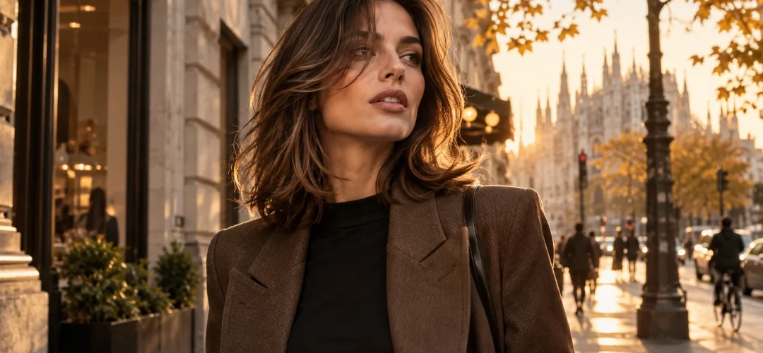 Donna con taglio medio castano e movimento naturale nelle vie di Milano in autunno
