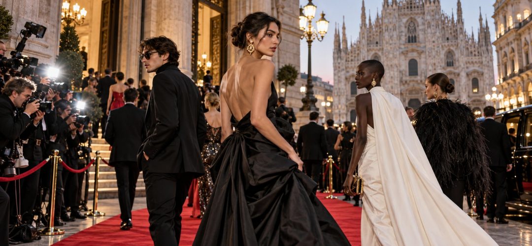 Ospiti in abiti couture arrivano sul red carpet a Milano davanti al Duomo